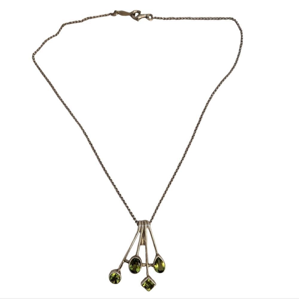 Sterling Silver JJ Green Gemstone Modernist Pendant Necklace
